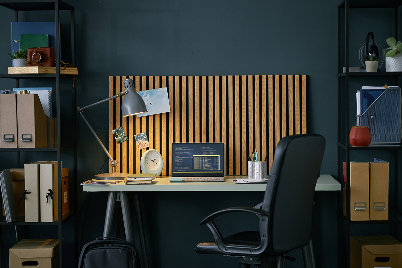 Organized Home Office With Stylish Wooden Backdrop stock photo