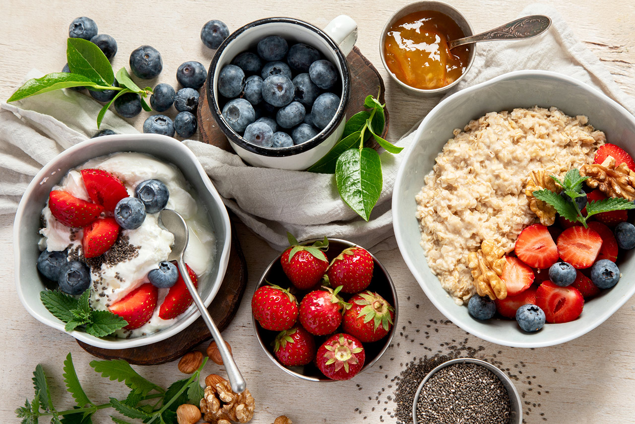 Healthy breakfast overhead view stock photo